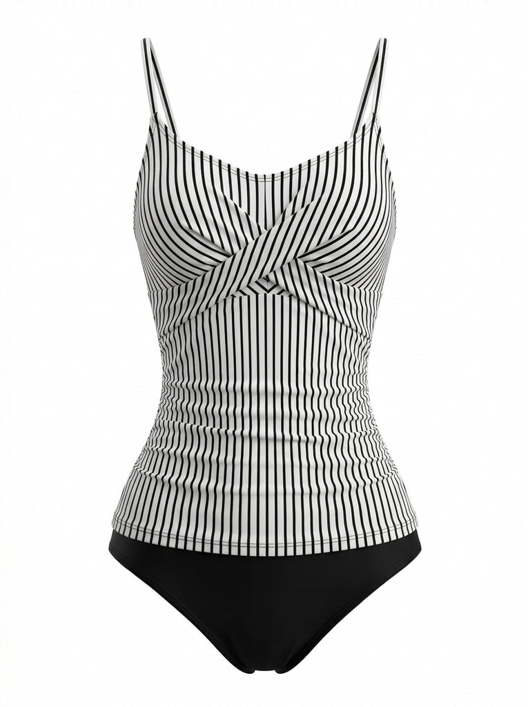 Set Tankini a Righe Spalline Sottili Nero Anni '50 2