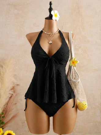 Set Tankini Textured Floreale Halter Deep V Anni '50 10