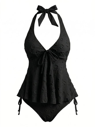 Set Tankini Textured Floreale Halter Deep V Anni '50 9