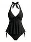 Set Tankini Nero Anni '50 Testurizzato Floreale Con Scollo All'americana