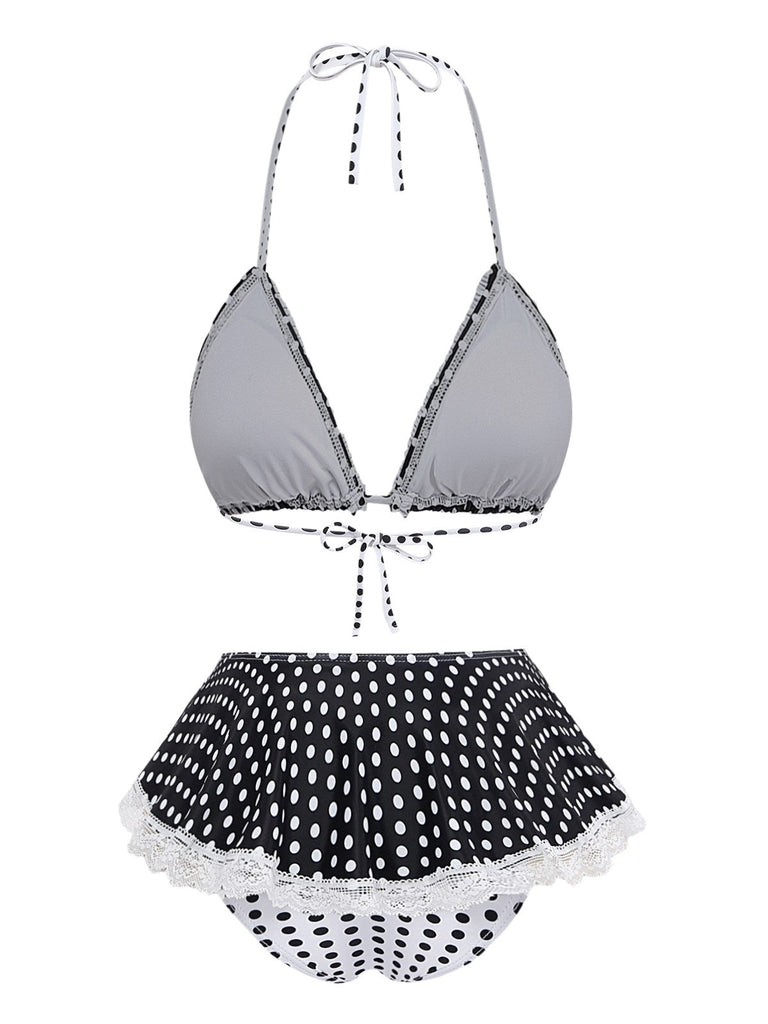 Set Bikini Nero a Pois in Pizzo Halter Anni '60 3