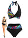 Costume da Bagno Halter con Stampa Graffiti Patchwork Schiena Scoperta Nero Anni '70