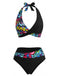 Costume da Bagno Halter con Stampa Graffiti Patchwork Schiena Scoperta Nero Anni '70 2
