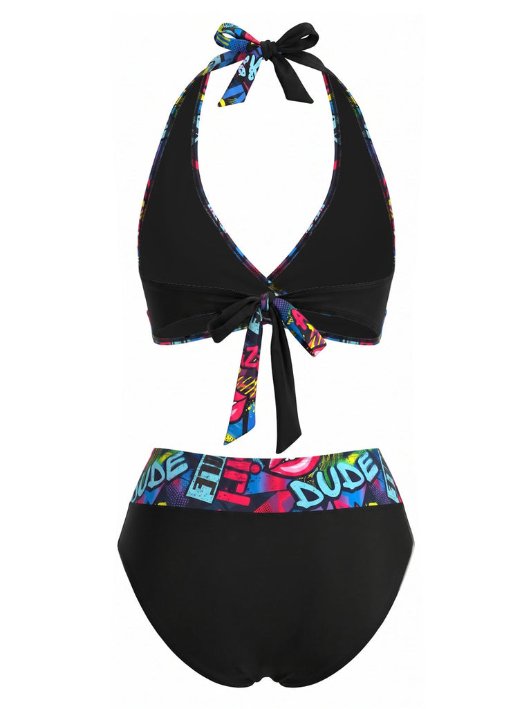 Costume da Bagno Halter con Stampa Graffiti Patchwork Schiena Scoperta Nero Anni '70 3