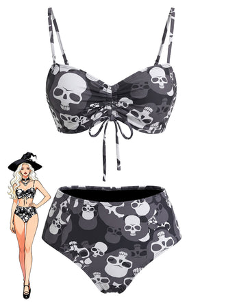 Set Bikini Gotico con Stampa Teschi e Coulisse Nero Anni '80