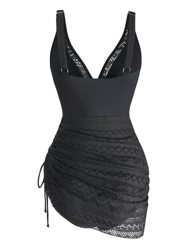 Costume Intero Nero in Pizzo con Scollo a V Ruched Anni '50 2
