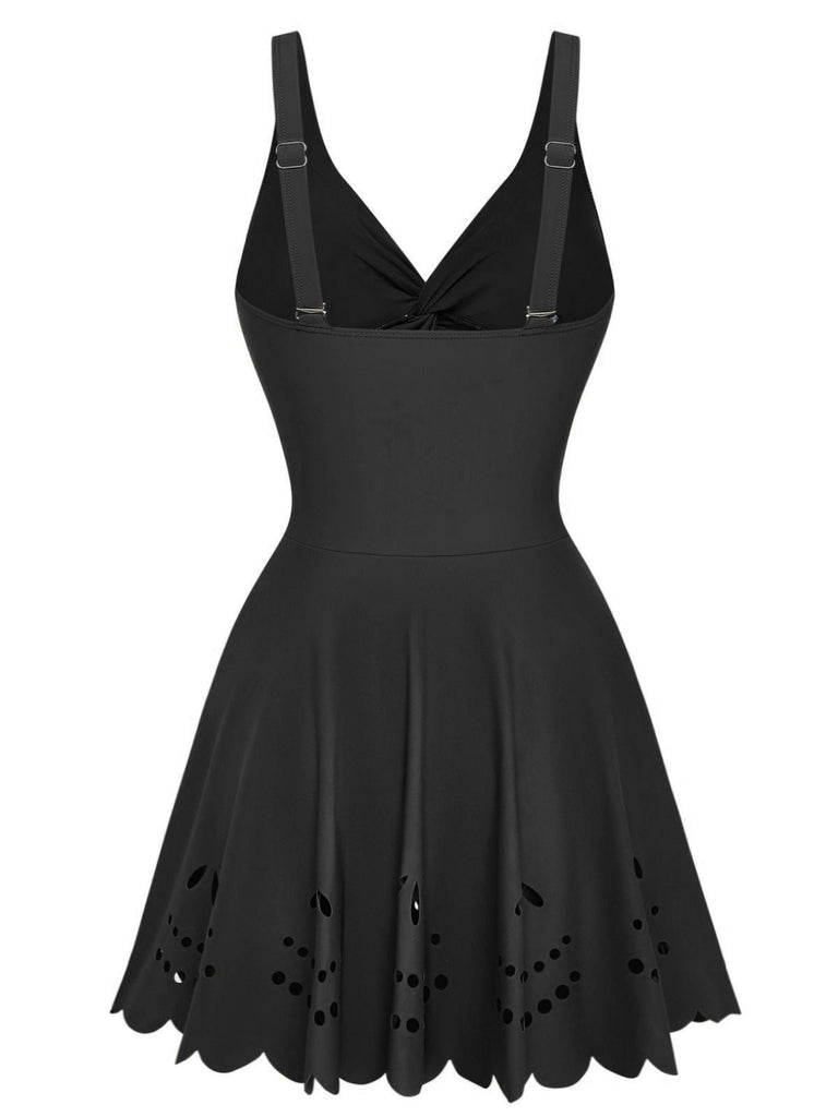 Costume con Gonna Tinta Unita Twist Front Hollow One-Piece Anni '30 3