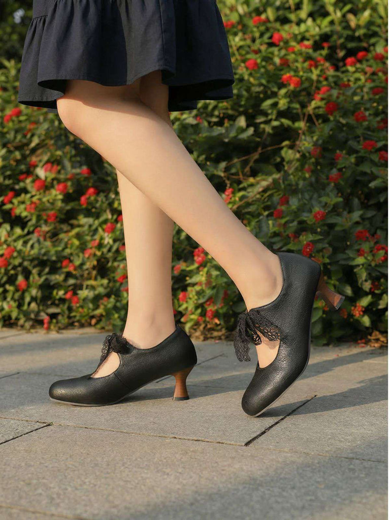 Scarpe Mary Jane con Pizzo e Fiocco con Tacco
