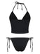 Black bikini top and bottom set on a white background