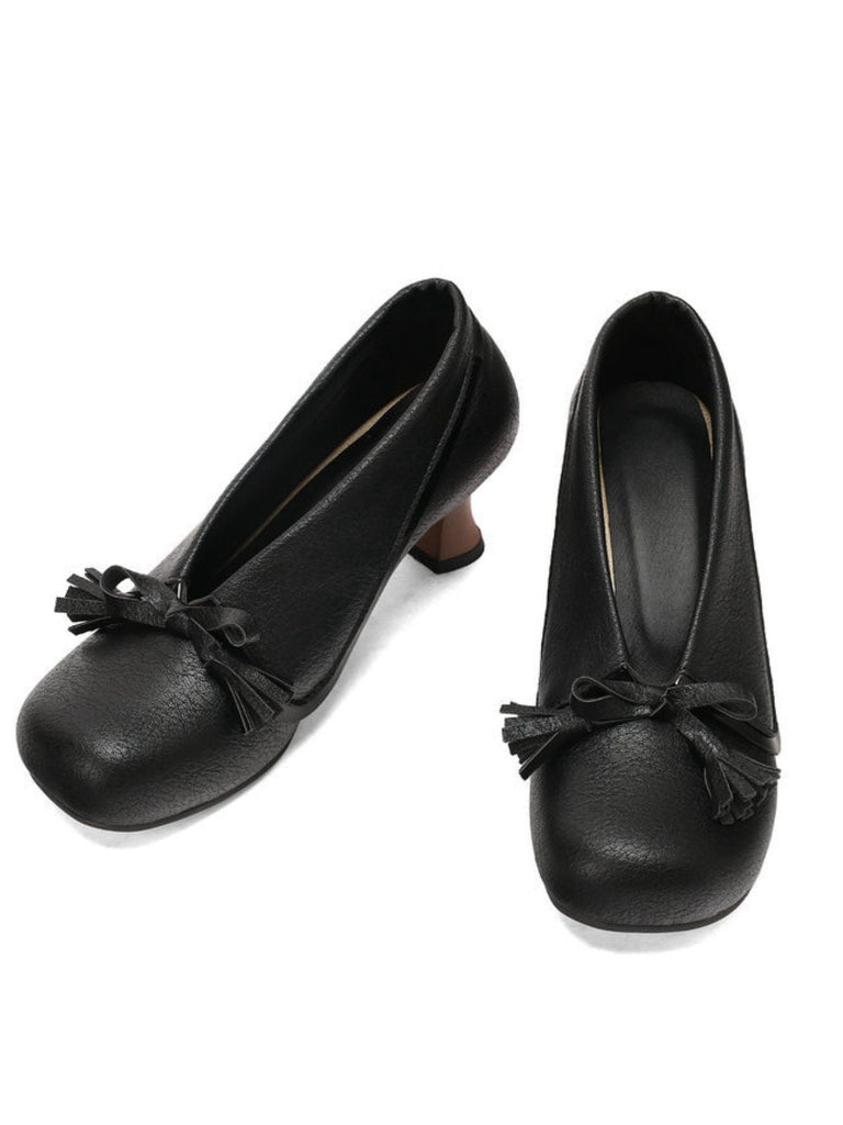 Scarpe con tacco spesso e punta tonda in PU con fiocco
