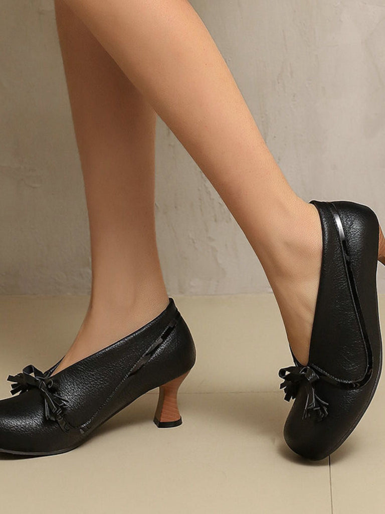 Scarpe con tacco spesso e punta tonda in PU con fiocco
