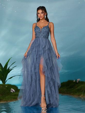Abito da Sera a Balze in Tulle con Glitter e Spacco Anni '30