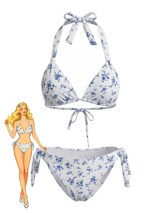 Blu Set Bikini a Fiori Minuti con Allacciatura al Collo e Laccio Dietro Anni '40