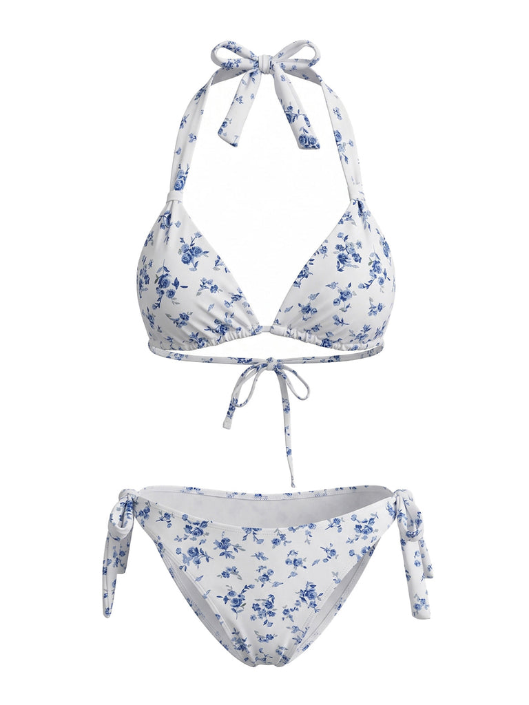 Blu Set Bikini a Fiori Minuti con Allacciatura al Collo e Laccio Dietro Anni '40 2