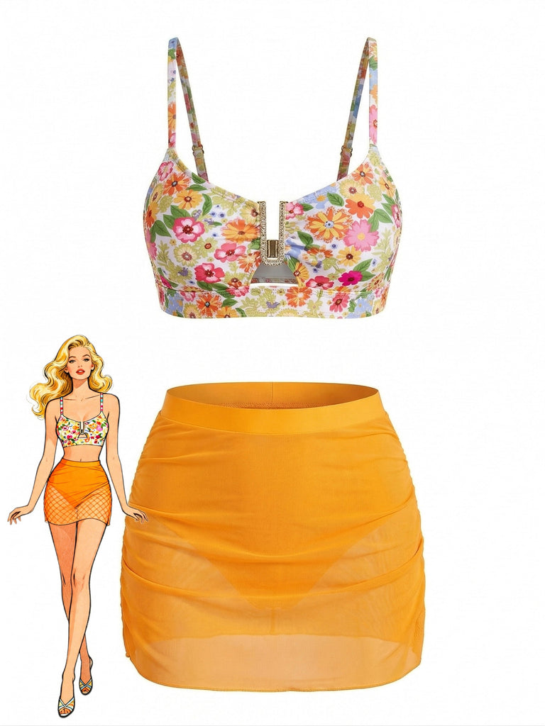 Set Tankini Floreale con Fibbia a U in Metallo a Vita Alta Anni '60