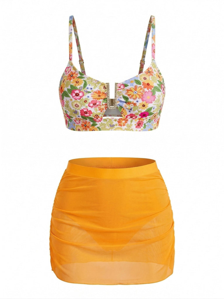 Set Tankini Floreale con Fibbia a U in Metallo a Vita Alta Anni '60 2