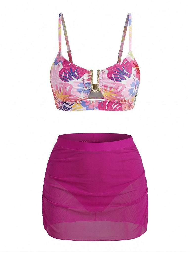 Set Tankini Floreale con Fibbia a U in Metallo a Vita Alta Anni '60 5