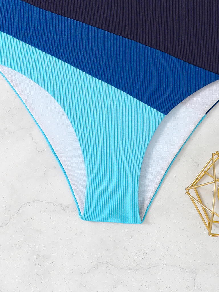 Costume Intero Blu Monospalla a Righe Color Block Anni '40 6