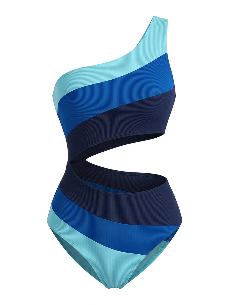 Costume Intero Blu Monospalla a Righe Color Block Anni '40 2
