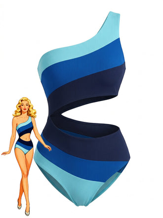 Costume Intero Blu Monospalla a Righe Color Block Anni '40