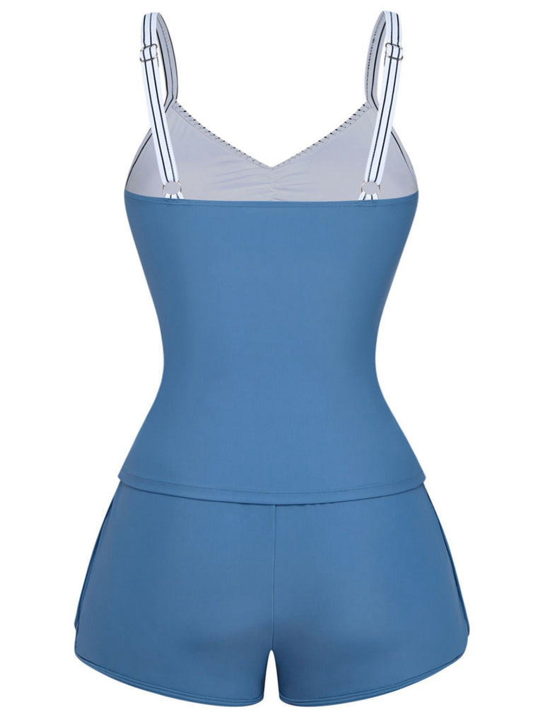 Costumi intero blu anni '40 a righe con tasche arricciate