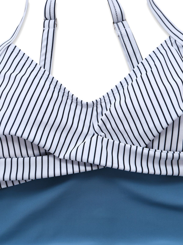 Costumi intero blu anni '40 a righe con tasche arricciate