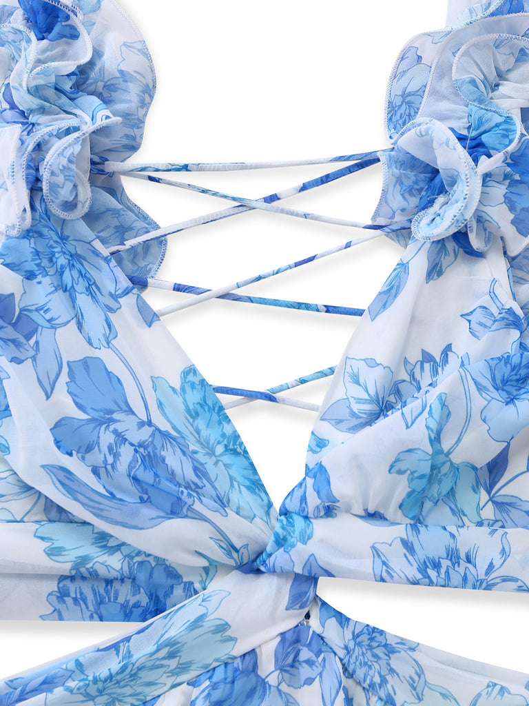 [Pre-Vendita] Abito Lungo Floreale con Cut-Out e Spalline a Volant Blu Anni '50 5