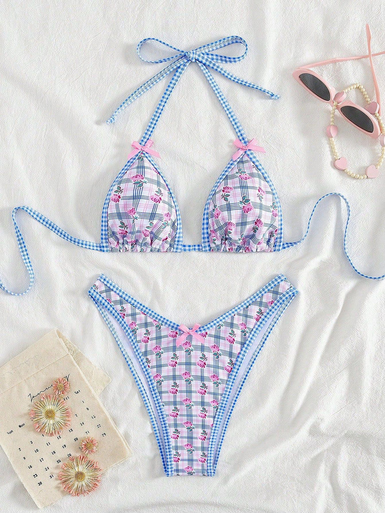 Set Bikini Triangolo Halter Vichy Floreale con Fiocco Blu Anni '60