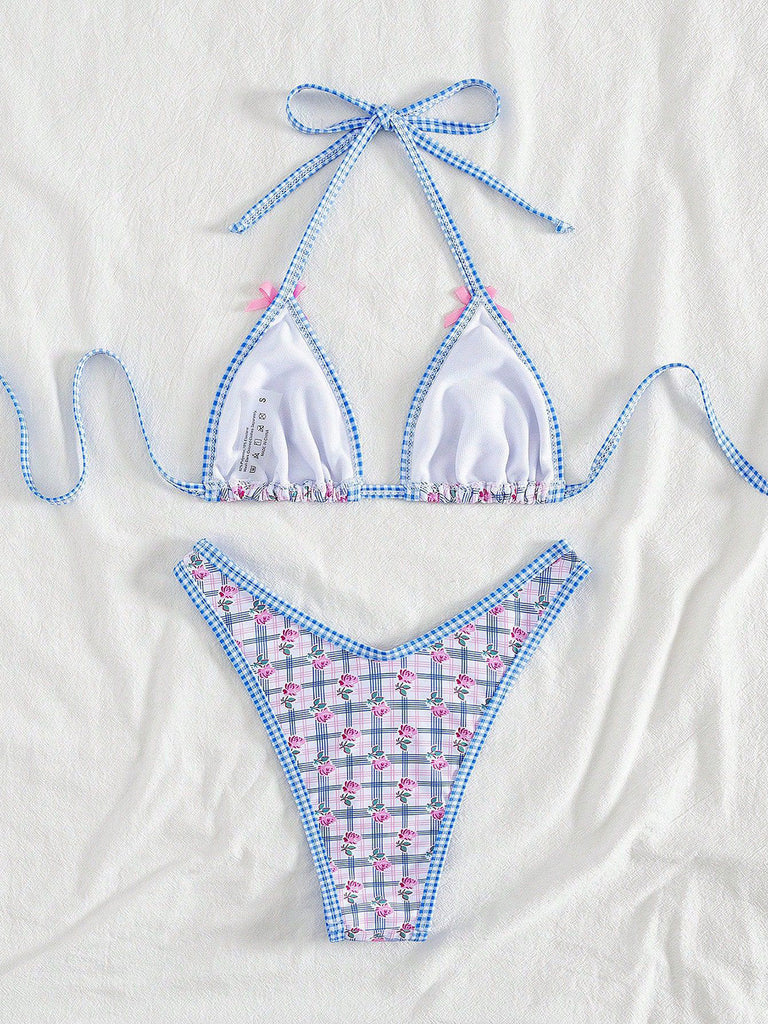 Set Bikini Triangolo Halter Vichy Floreale con Fiocco Blu Anni '60
