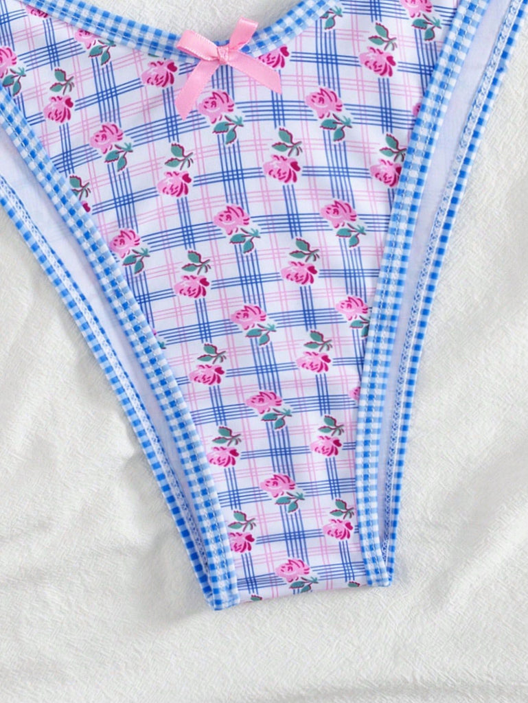 Set Bikini Triangolo Halter Vichy Floreale con Fiocco Blu Anni '60