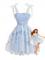 Abito Blu Anni '60 Floreale Ricamati in Tulle con Fiocco e Bretelle Sottili