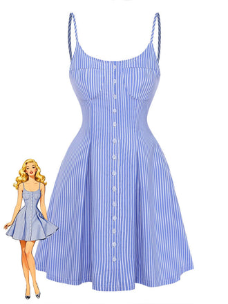 Abito Blu a Righe Buttons con Spalline Sottili Svasato Anni '60