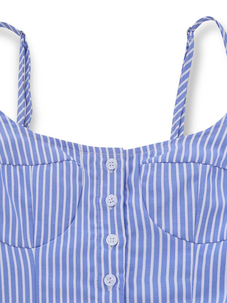 Abito Blu a Righe Buttons con Spalline Sottili Svasato Anni '60 5