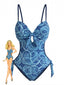 Costumi Intero Blu Anni '70 Bohemien a Stampa Cachemire con Cut-Out