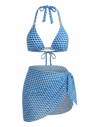 [Taglie Forti] 3PCS Set Bikini Blu Geometrico 3D Halter e Copricostume Anni '70 2