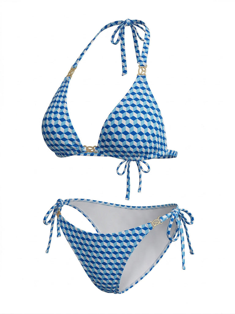 [Taglie Forti] 3PCS Set Bikini Blu Geometrico 3D Halter e Copricostume Anni '70 5