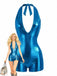 Blue metallic Romper with a model on a white background