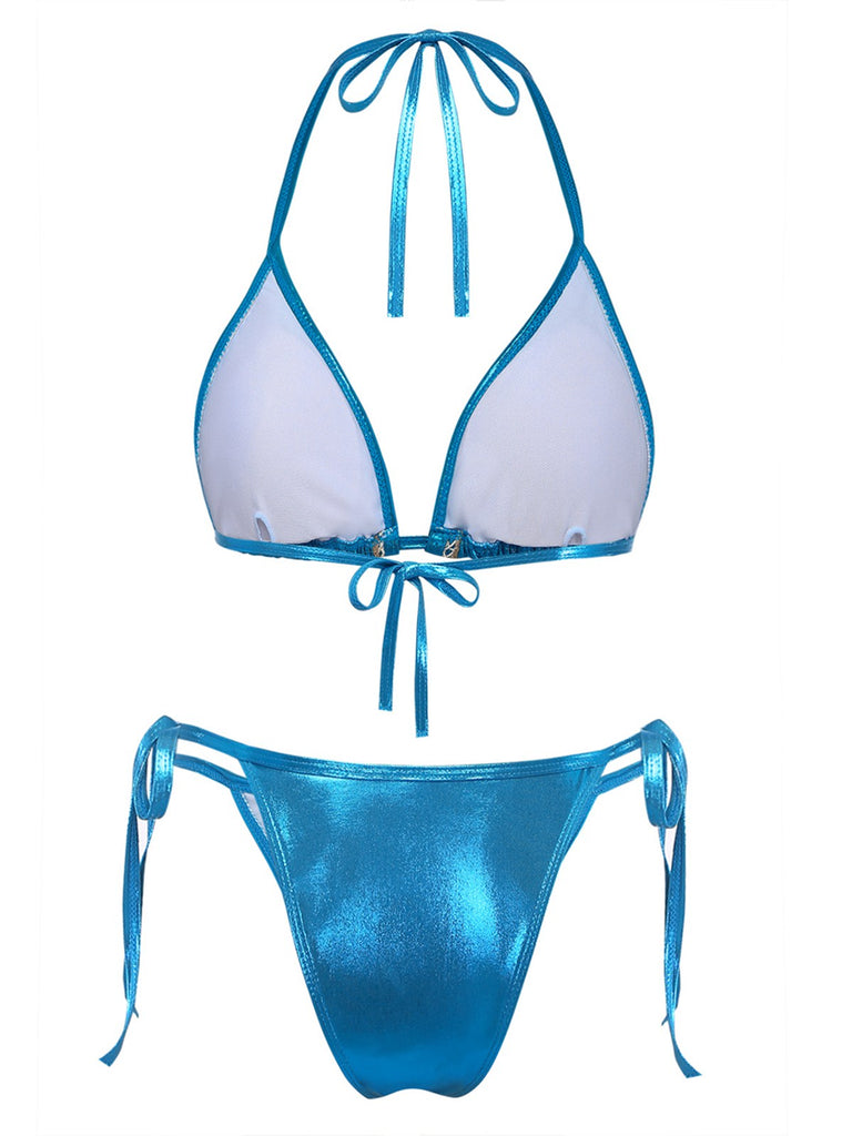 Set Bikini Blu Metallizzato Shell Halter Anni '80 3