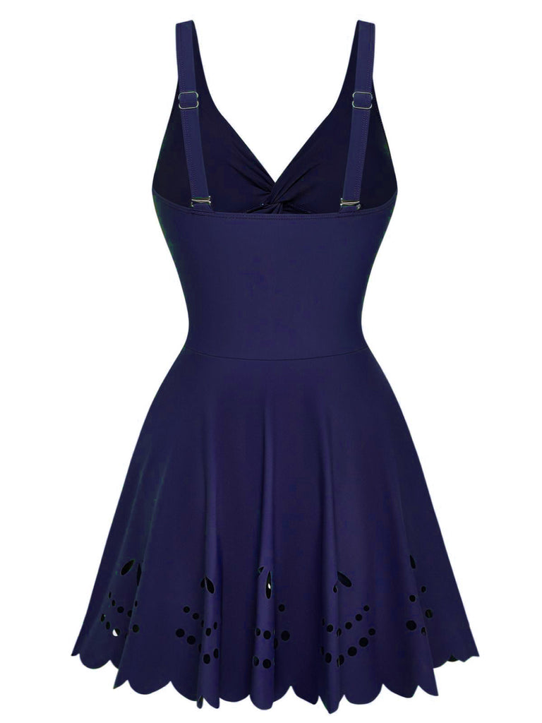Costume con Gonna Tinta Unita Twist Front Hollow One-Piece Anni '30 5