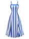Abito Midi Blu e Bianco Anni '50 a Righe con Spalline Sottili