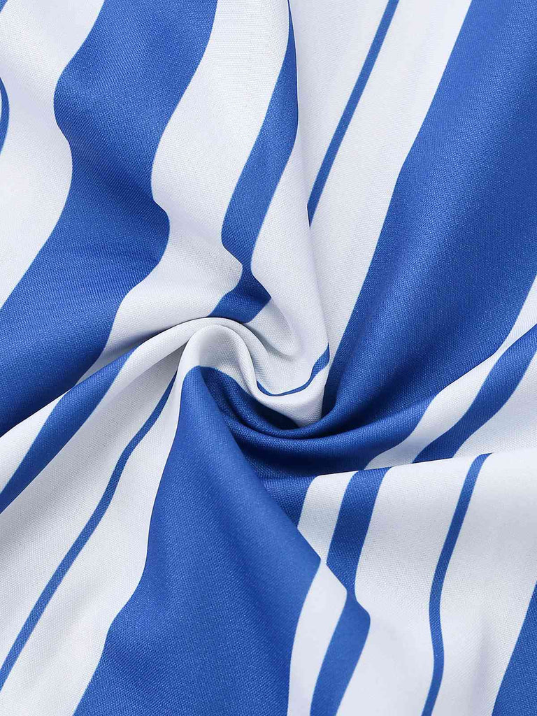 Abito Midi Blu e Bianco Anni '50 a Righe con Spalline Sottili