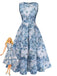 Blue floral dress with a Barbie doll wearing it on a white background