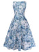 Blue floral strapless dress on a white background