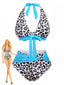 Bikini blu anni '80 leopardata patchwork con lacci