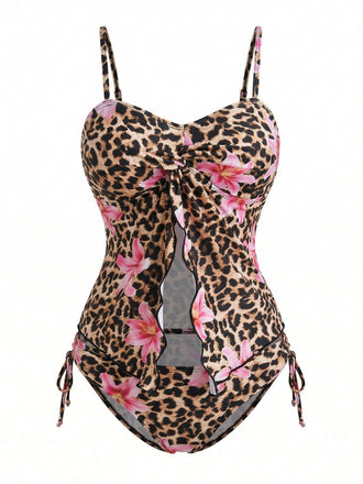 Set Tankini Marrone Leopardato Floreale con Stampa Front con Taglio Anni '40 2