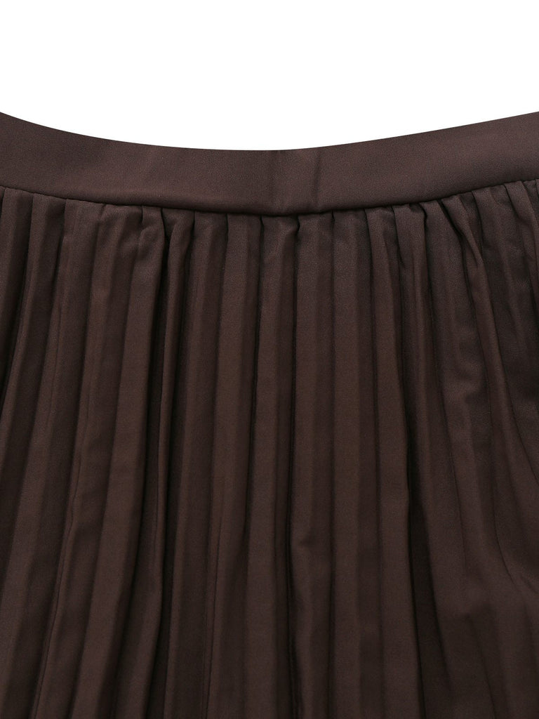 Brown 1940s two-piece set with sleeveless vest and pleated midi skirt for vintage styling