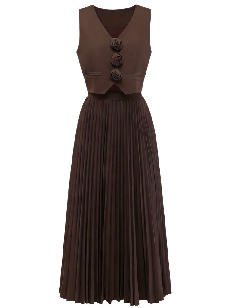 Brown 1940s two-piece set with sleeveless vest and pleated midi skirt for vintage styling