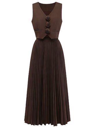 Brown 1940s two-piece set with sleeveless vest and pleated midi skirt for vintage styling