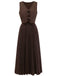Brown 1940s two-piece set with sleeveless vest and pleated midi skirt for vintage styling