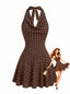 Abito Corto Marrone Anni '60 a Pois con Scollo All'americana